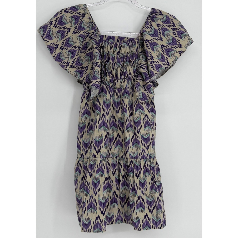 Zara Girls Purple Ikat Print‎ Smocked Flutter Sleeve Tiered Dress Sz 10